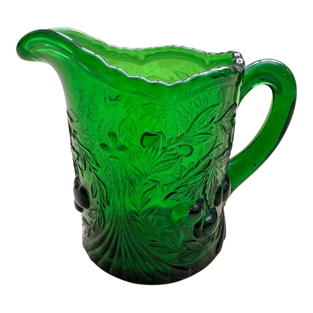 L.G. WRIGHT Opalescent Vaseline Uranium Glass Wreathed Cherry Creamer Pitcher